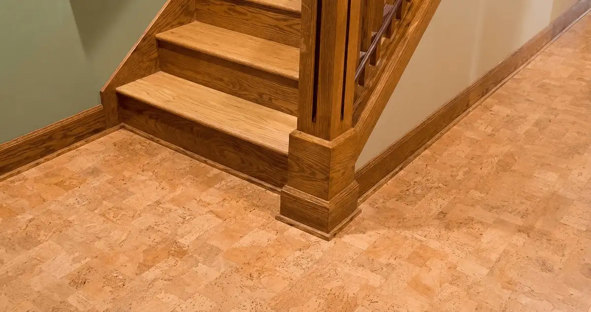 End of a staircase with cork flooring in Hialeah, FL