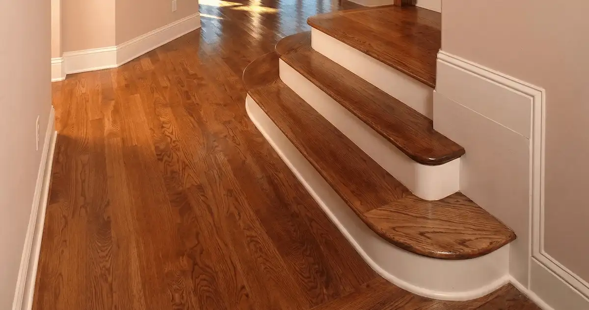 Base floor of a staircase with professionally restored wood flooring in Hialeah FL