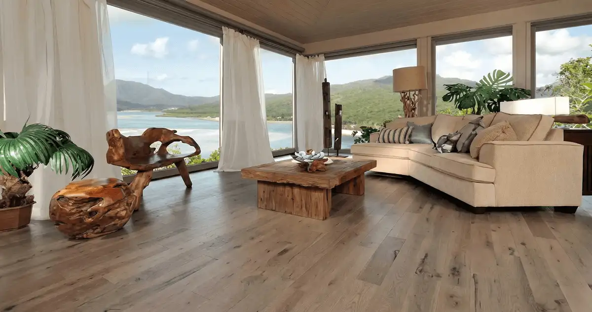 Professionally installed vinyl flooring in a modern living room with large windows in Hialeah, FL